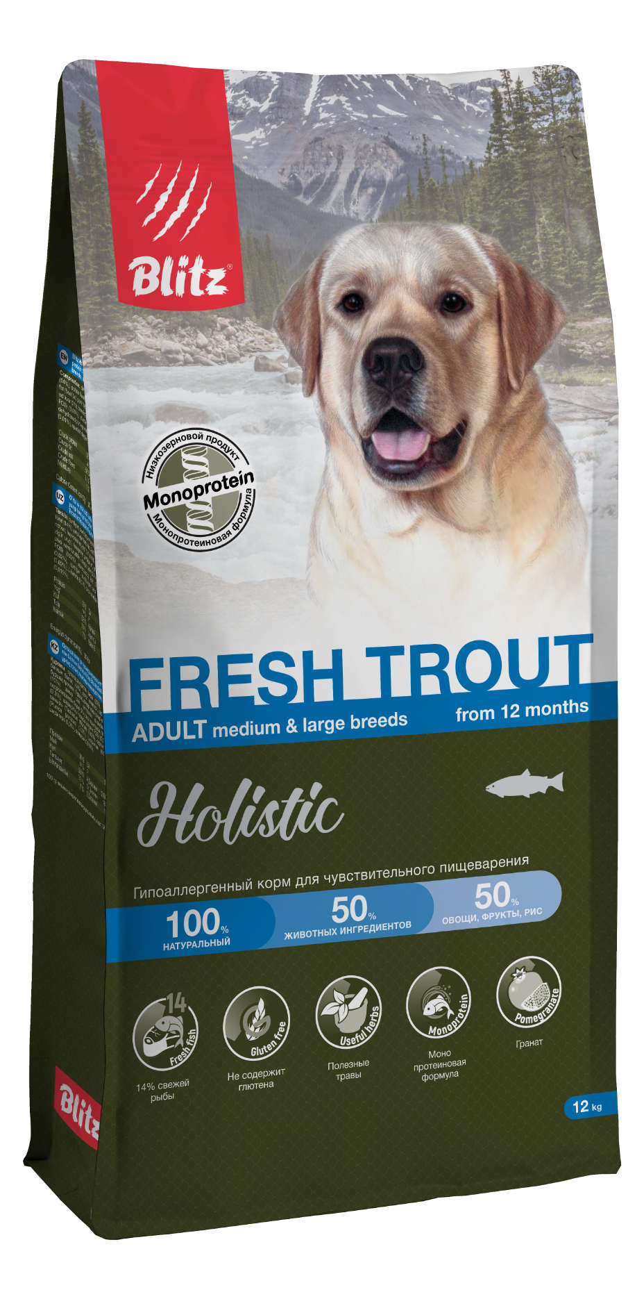 Blitz Holistic СВЕЖАЯ ФОРЕЛЬ — монопротеиновый сухой корм для взрослых собак средних и крупных пород