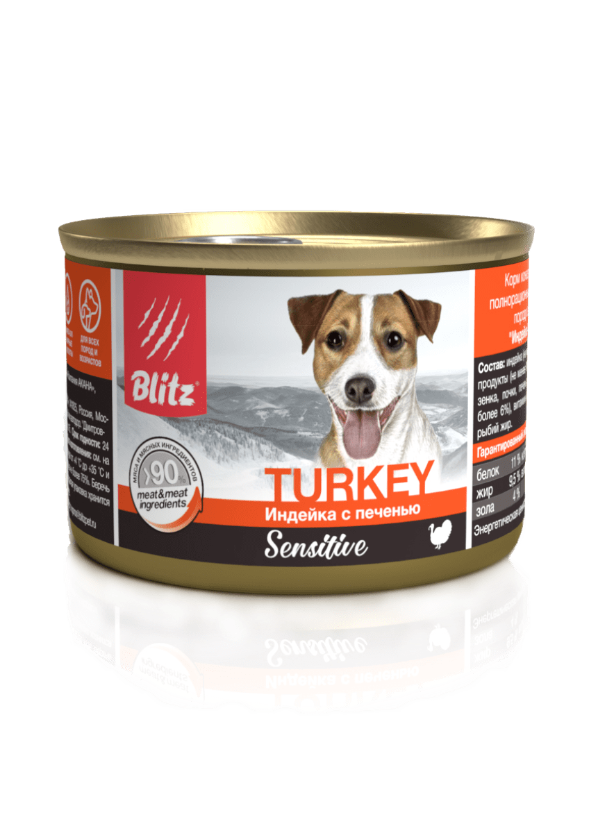 Blitz Sensitive «Индейка с печенью» консервированный корм для собак всех пород и возрастов
