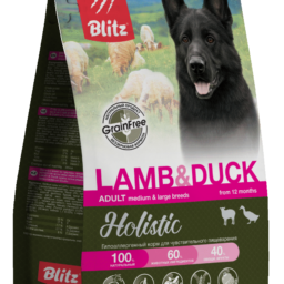 Blitz Holistic ЯГНЁНОК И УТКА — беззерновой сухой корм для взрослых собак средних и крупных пород