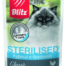 Blitz Classic «Курица и брусника» — нежные кусочки в желе влажный корм для кастрированных котов и стерилизованных кошек