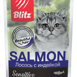 Blitz Sensitive «Лосось с индейкой» нежные кусочки в соусе — влажный корм для взрослых кошек Blitz Sensitive «Лосось с индейкой» нежные кусочки в соусе — влажный корм для взрослых кошек
