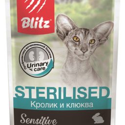 Blitz Sensitive «Кролик и клюква» нежные кусочки в соусе — влажный корм для кастрированных или стерилизованных кошек и котов