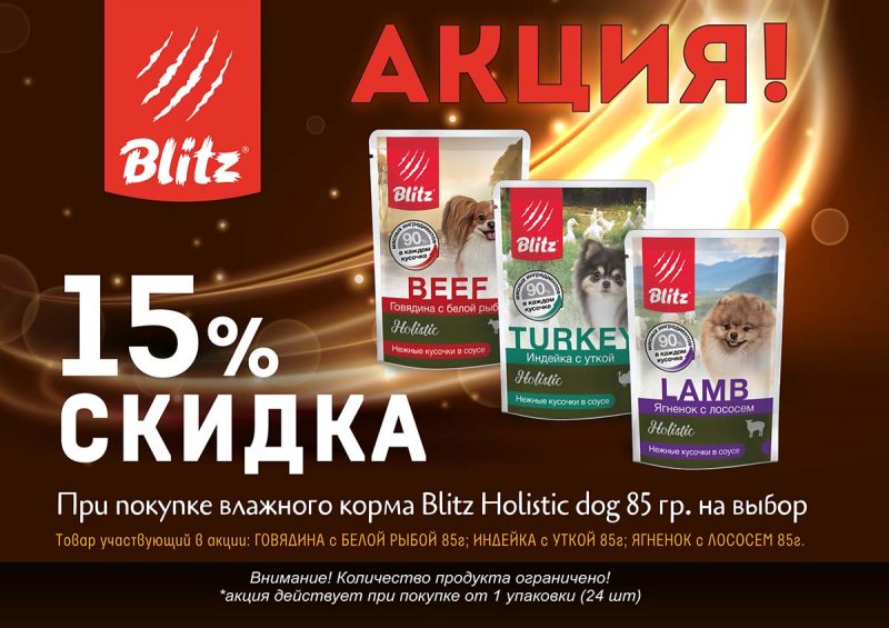 Cкидка 15 % при покупке паучей Blitz Holistic Dog 85 г.
