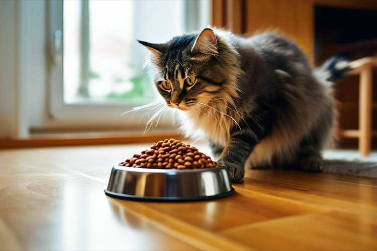 Кошка закапывает миску с едой