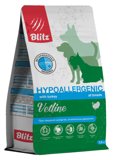 Blitz Vetline Hypoallergenic сухой полнорационный диетический корм для собак при аллергии и атопическом дерматите