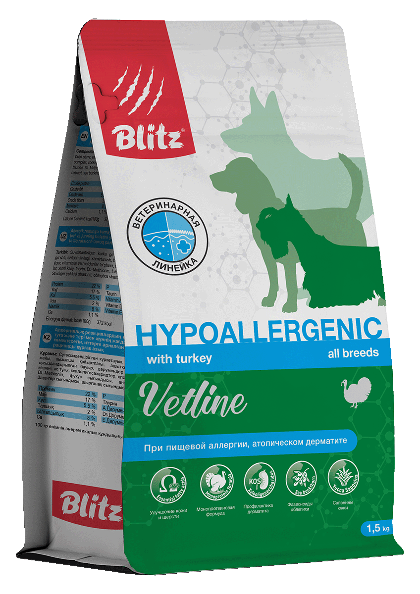 Blitz Vetline Hypoallergenic сухой полнорационный диетический корм для собак при аллергии и атопическом дерматите