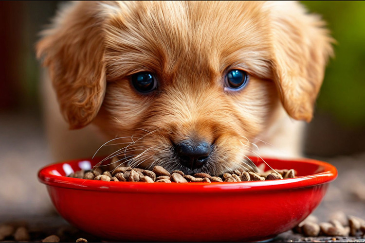 Щенок очень жадно и быстро ест