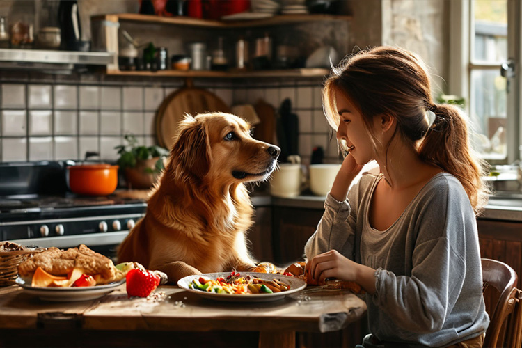 Собака попрошайничает еду